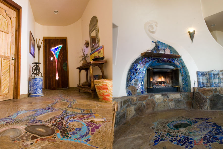Stained glass door and fireplace with mosaics. Photo by Ryan Pennell.