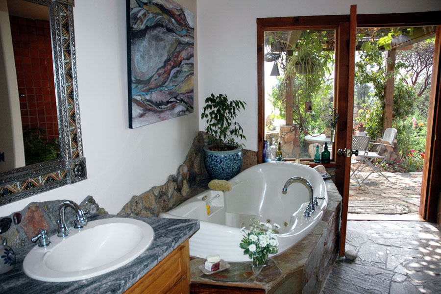 Bathroom looking out to the garden. Photo by Ryan Pennell.