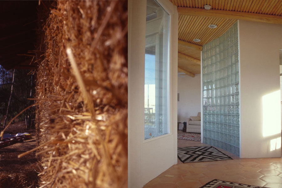 Stawbale wall during construction. / Interior showing glass block. Photos by Drew Hubbell.