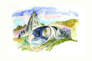 Bridge to Nature watercolor by James Hubbell. organic architecture-modern-hubbell and hubbell-san diego,california