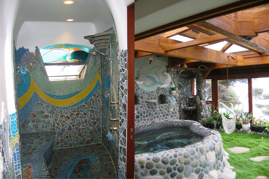 Mosaic Tile Shower and Pond Area