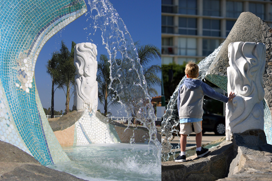 Sea Passage Fountain. Photo by Kellyn Sanderson. / Child playing on fountain. Photo by John Dick.