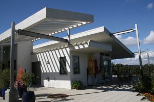 Modernist Residence cantilevered entrance. Photo by Drew Hubbell.
