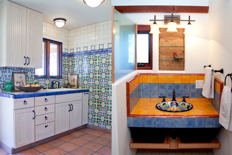 Rancho Alegria - Casita Kitchen. Photo by Lori Brooks. / View of adobe walls behind bathroom sink. Photo by Drew Hubbell.